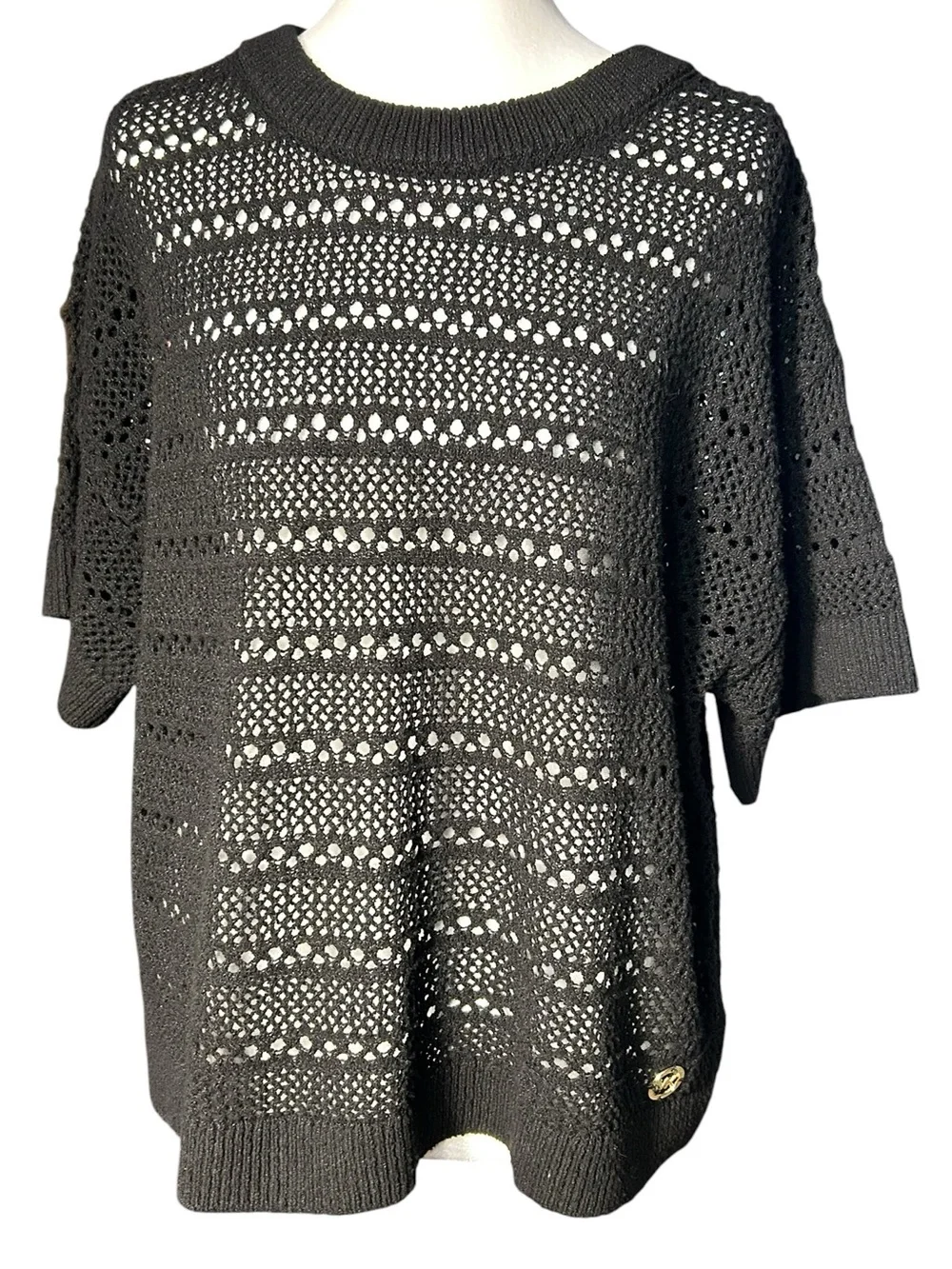 NWT Michael Kors Short-Sleeve Open-Knit Eyelet Sweater Black L